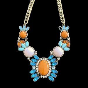 Betsey Johnson Orange & Blue Crystal Flower Boho Choker Statement Necklace